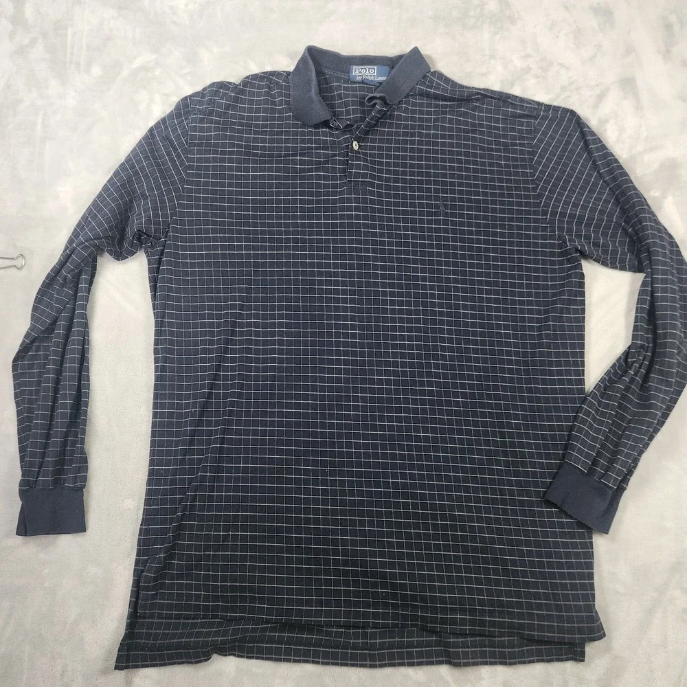 Polo Ralph Lauren Polo Shirt Mens‎ Large Navy Micro Check Long Sleeve Pony Logo